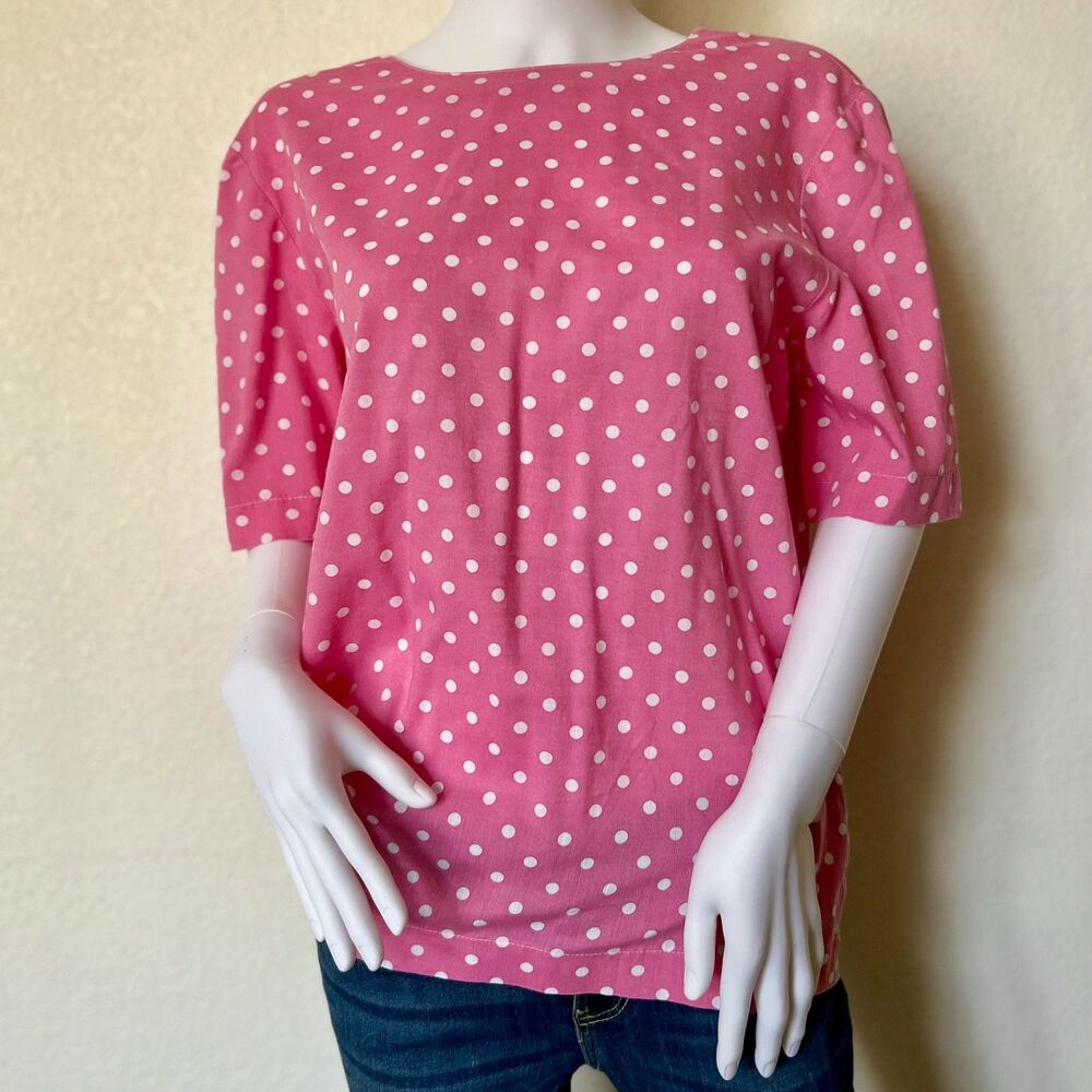 Vintage Pink White Polka Dot Short Sleeve Cotton Blend T-Shirt Top Size M L